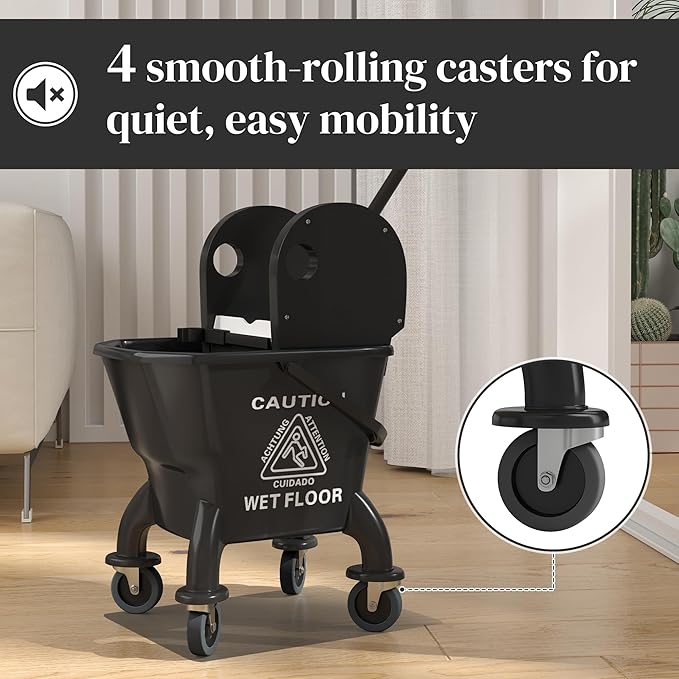 HOMCOM Mop Bucket with Wringer on Wheels for Floor Cleaning, 27.5 Quart Down Press Wringer with Handle and Mop, Black