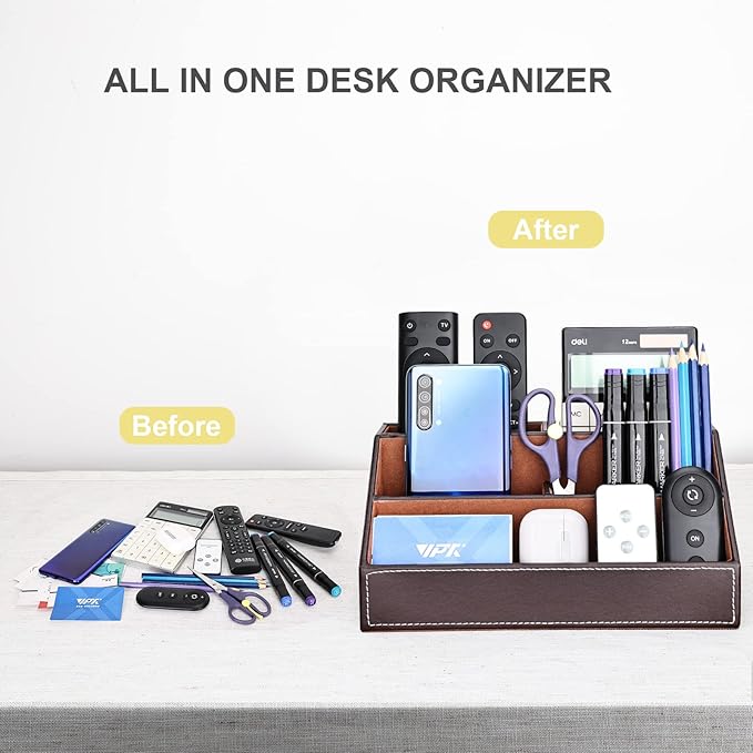 KINGFOM T31-6PCS/SET Office Desktop Decor Organizer Supplies Set PU Leather Remote Control Collection Holder, Pencil Holder Box, Business Card Holder, Mouse Pad, Sticky Notes Paper and Dispenser