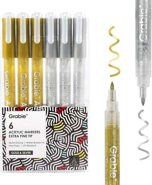 Grabie Gold&Silver Extra Fine Tip Acrylic Paint Marker Set, 6 Pack Gold Paint Markers, 0.7mm Acrylic Paint Pens for Black Paper, Halloween Pumpkin, Christmas DIY, Silver Pen(Gold&Silver)