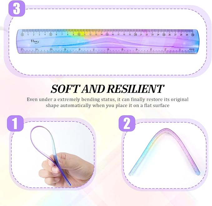 2 Pcs 12 Inch Flexible Ruler, Colorful Plastic Straight Edge Rulers Bendable Ruler with Centimeters and Inches, Cute Flexible Rulers for Office Adults Measuring Tools