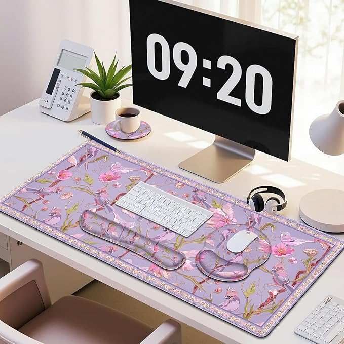 Flower Desk Mat, 4in1 Large Mouse Pad with Wrist Rest, Cute Desk Matt for Desktop, Desk Pad Mat, Anti-Slip XXL Computer Ergonomic Mousepad with Wrist Support for Keyboard and Mouse I Purple Bird
