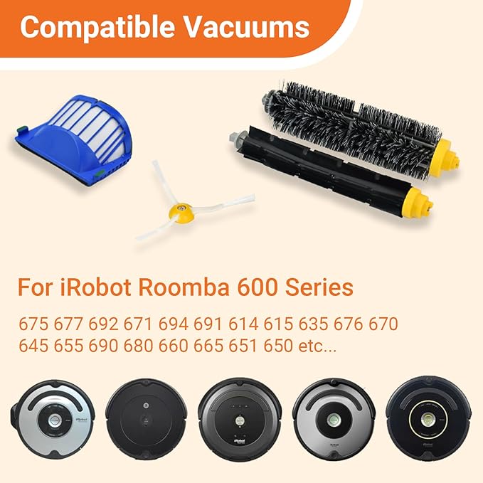 Replacement Parts and Accessories Kit Compatible for iRobot Roomba 692 694 676 675 695 677 671 655 645 690 680 660 650 620 614 610 635 595 564 Vacuum,Bristle and Beater Brush,3 Filter, 8 Side Brush