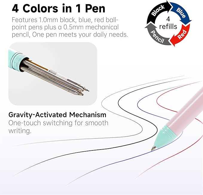 Shuttle Art 4 in 1 Multicolor Pen, 2 Pack Retractable Ballpoint Pens with 1.0mm Black Blue Red Ink and 0.5mm Mechanical Pencil, Multifunction Pens Fresh Style Gift Set for Writing School Office Home