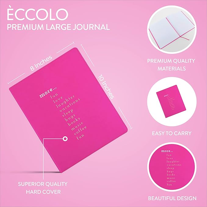 Eccolo Large Lined Journal Notebook, Hardbound Cover, Writing Journal, 256 Ruled White Pages, Ribbon Bookmark, Lay Flat, Desk Size for Work or School, More Fun More Love (Hot Pink, 8x10 inches)