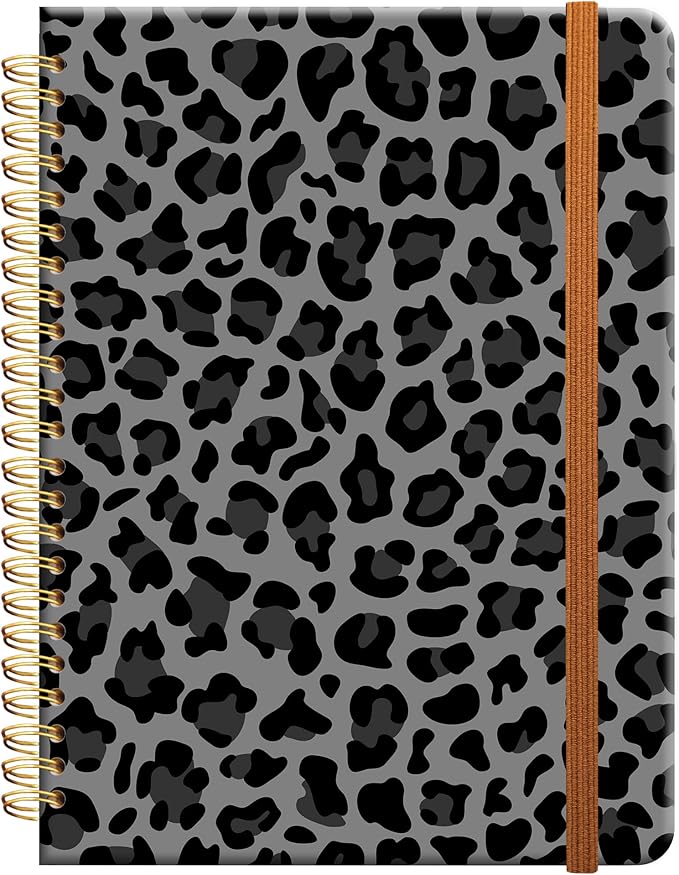 Ruled Spiral Writing Notebook,A5 Hardcover Lined College Journal for Women Lady Girl,Strong Twin-Wire Binding with Premium Paper,8.4" X 6",Perfect for School,Office,Home Gifts(black and gray leopard)