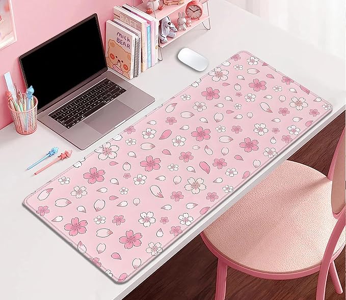 Japanese Cherry Blossoms Extended Desk Pad Mouse Pad,Large Gaming Floral Mouse Mat with Stitched Edges,Non-Slip Rubber Base Mousepad for Office Computer Keyboard Laptop Home(27.5X11.8 in)