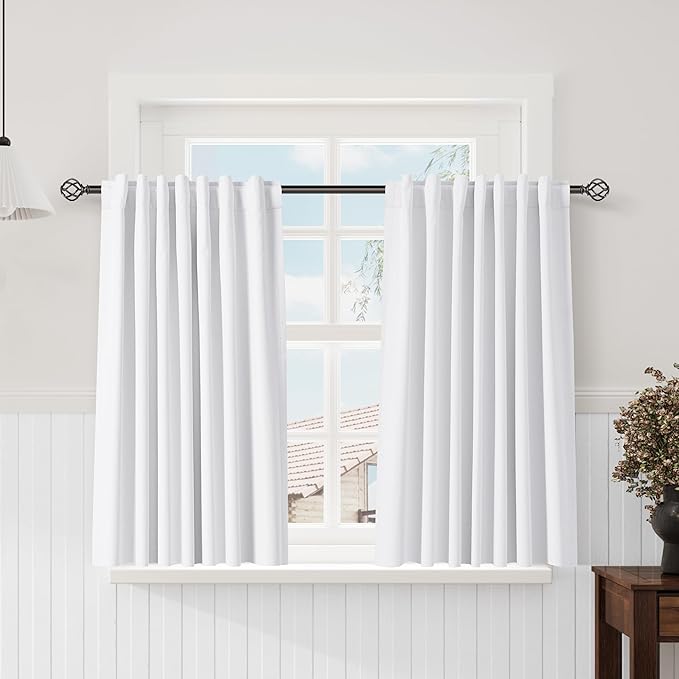 Nanspring White 100% Blackout Kitchen Curtains, Back Tab Rod Pocket Thermal Insulated Textured Short Blackout Curtains 2 Panels Set 52x54 Pure White