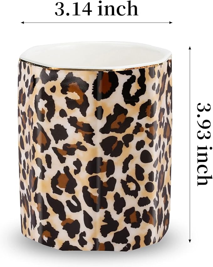 Jwest Pen Holder, Makeup Brush Holder Ceramic Shiny Gold Leopard Cheetah Pattern Animal Pencil Cup for Girls Women Durable Stand Desk Organizer Storage Gift for Office, Classroom, Home Light Brown