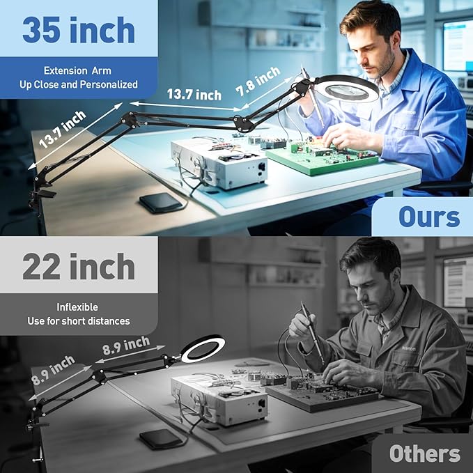 HITTI Ultra Long 12X & 30X Magnifying Glass with Light and Clamp, 5 Color Modes Steepless Dimming Desk Lamp, Swivel Arm Workbench Light, Hands Free Lighted Magnifier Stand for Craft Reading Hobby