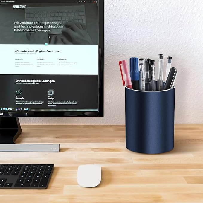 Metal Pen Holder for Desk Round Aluminum Desktop Organizer and Makeup Brush Holder Storage Box for Office, School, Home, and Kids, Non-slip silicone bottom3.9×3.14inch (Blue)