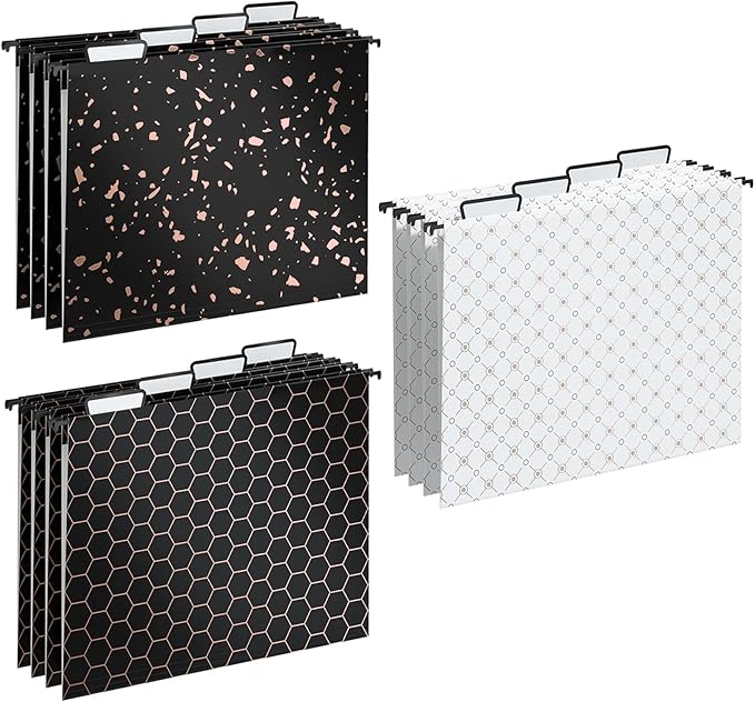 Y YOMA 12 Pack Decorative Hanging File Folders Letter Size Rose Gold File Folder Pretty Hanging Folder Organizer for Filing Cabinet Office Home with 1/5-Cut Adjustable Tabs, 3 Black Foil Design