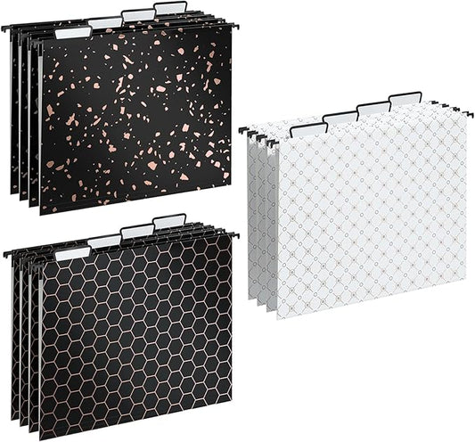 Y YOMA 12 Pack Decorative Hanging File Folders Letter Size Rose Gold File Folder Pretty Hanging Folder Organizer for Filing Cabinet Office Home with 1/5-Cut Adjustable Tabs, 3 Black Foil Design