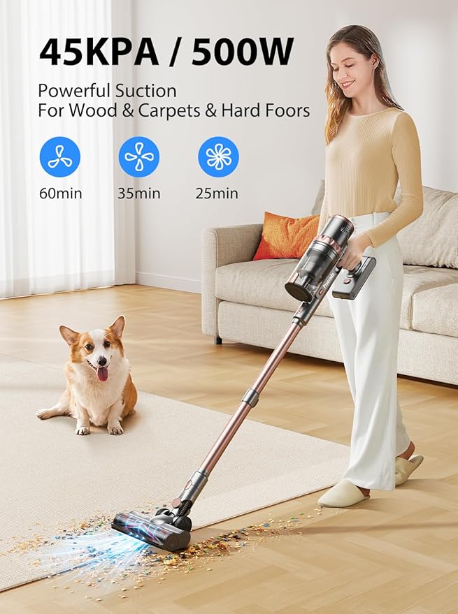 SUNIYQINMO Cordless Vacuum Cleaner Handheld Vacuums 500W/45Kpa Lightweight Stick Vacuums Powerful Suction with 60min Runtime for Home Pet Hair Car