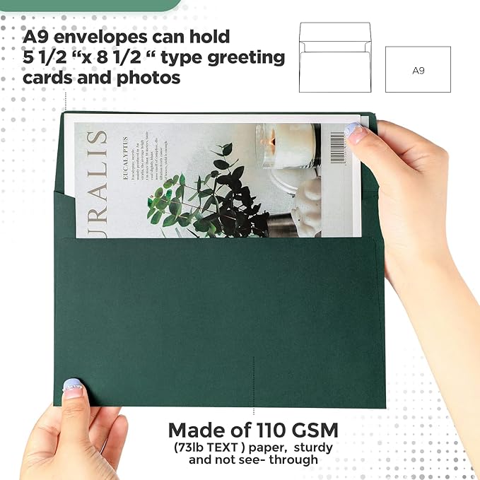 Harloon 100 Pcs A9 Envelopes 5.75 x 8.75 Inch Self Adhesive Wedding Invitation Envelopes Paper Greeting Card Envelopes for Photos Documents Letters Announcements Baby Shower Office (Dark Green)