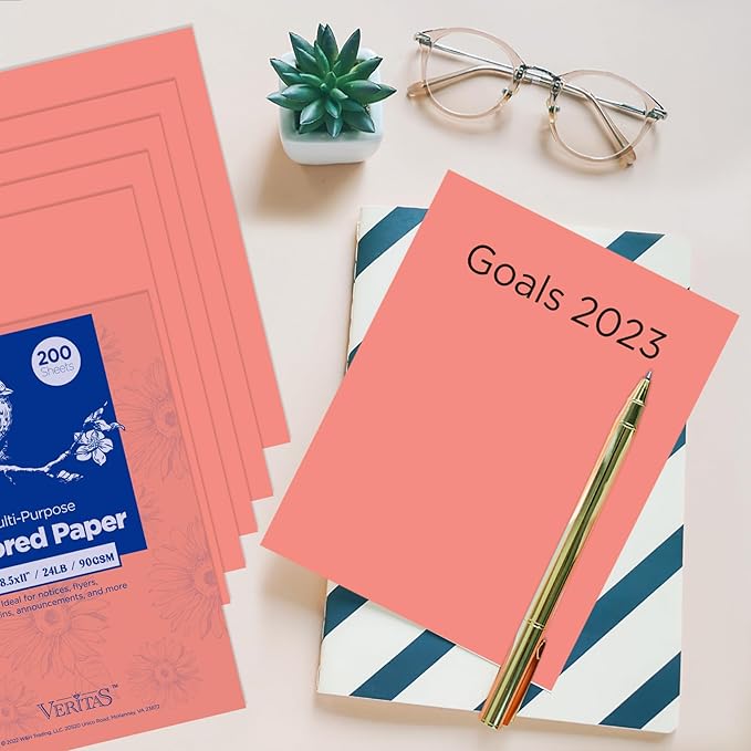 Veritas Colored Copy Paper, Multi-Purpose paper, Colored Printer Paper 8.5” x 11”, 20 lb / 75 GSM,Salmon,200 Sheets (1 Reams)，Made in USA