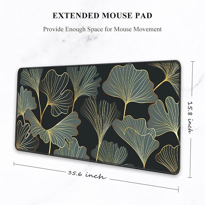 Auhoahsil Extended Mouse Pad, XXL Gaming Mouse Pads, Large Big Mousepad Laptop Computer Keyboard Mat Desk Pad with Non-Slip Base Stitched Edge for Gaming Office, 35.5 x 15.7 inch, Gold Line Leaves