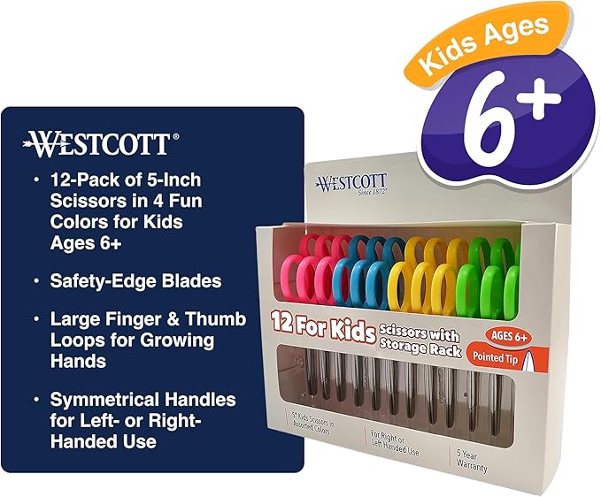 Westcott Right- & Left-Handed Pointed Scissors for Kids Ages 6+, Durable Stainless Steel Blades, Back to School Supplies, Classroom Scissors, Includes Storage Rack, 5-Inch, 12 Pack, Assorted Colors