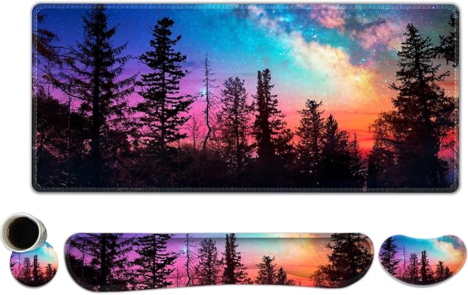 Keyboard Mouse Pad Set, Extended Gaming Mouse Pad +Keyboard Wrist Support +Mouse Wrist Rest +Coaster, 35.4x15.7 in XXL Large Ergonomic Desk Mat 4in1 Set for Home Office, Starry Forest
