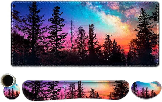Keyboard Mouse Pad Set, Extended Gaming Mouse Pad +Keyboard Wrist Support +Mouse Wrist Rest +Coaster, 35.4x15.7 in XXL Large Ergonomic Desk Mat 4in1 Set for Home Office, Starry Forest