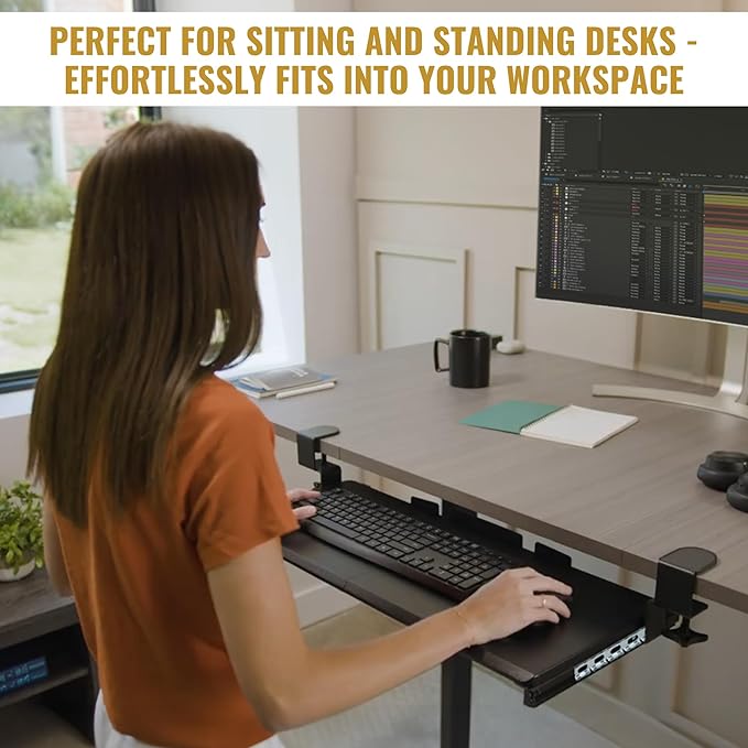 Keyboard Tray Under Desk Slide Out – Large 27" (31" Wide with Clamps) Computer Drawer Pull Out with Sturdy C-Clamp Mount, Ergonomic Keyboard Holder Under Desk Tray, Black