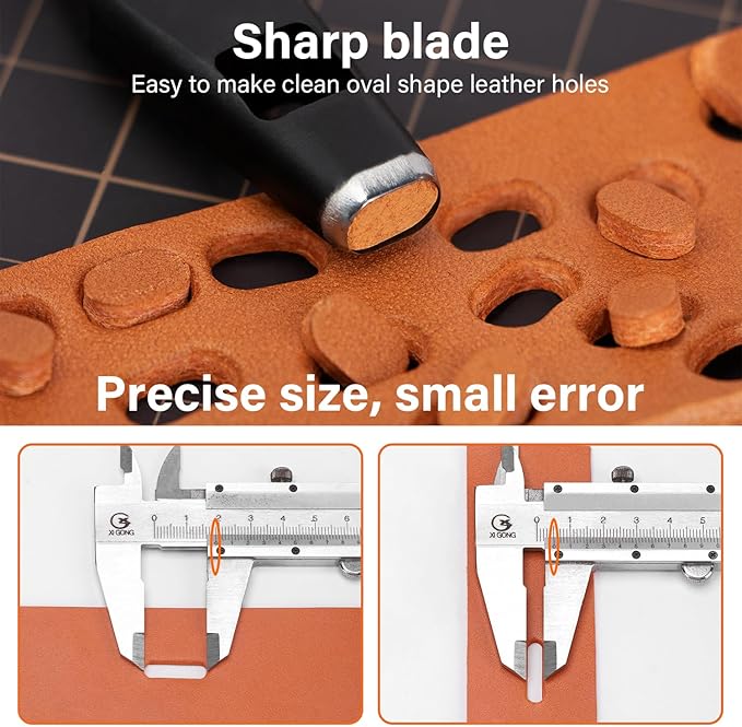 WUTA 6 Pcs Leather Belt Hole Puncher Oval Cutter Strap Watch Band Flat Punches Heavy Duty Oblong Tools for Leathercrafting (2 * 10+2 * 15+3 * 10+3 * 15+4 * 10+4 * 15)