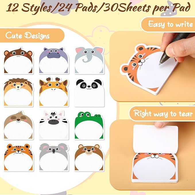 Yinder 24 Pads Cute Sticky Notes Kawaii Fun Animal Sticky Notes Pads Bulk Cartoon Memo Self Adhesive for Veterinary Gift Office School Tab Party Supplies(Safari Animals)