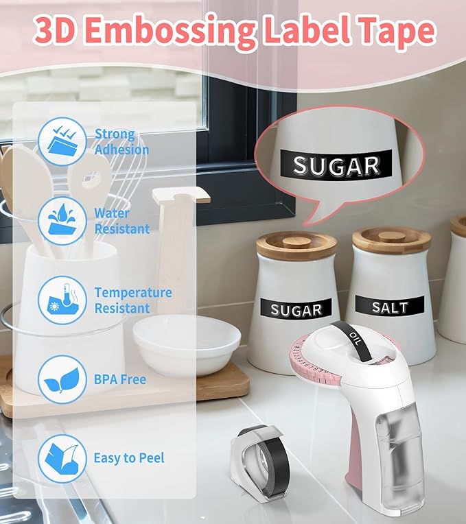 Vixic Embossing Label Maker Machine with Tapes, Vintage Embossed Label Maker, Retro Embossing Machine with 10 Rolls 9mm 3D Embossing Label Tapes for Home Office Kids DIY Crafting School, Pink