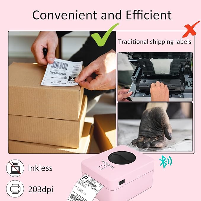 Thermal Shipping Label Printer 4x6 Label Print,Bluetooth Thermal Label Printer,Circle Sticker Printer,Sticker Printer for Small Business,Widely Used for Amazon, Ebay (Pink)