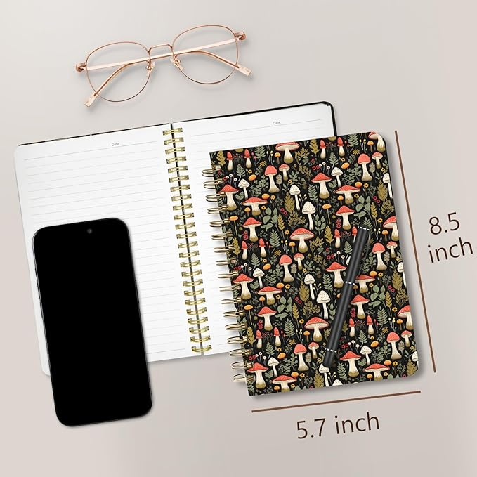 Cute Spiral Notebook journal A5 Aesthetic Pretty Floral Design for Women Girls Kawaii with Pocket, 8.5 x 5.7 inch, Mushroom