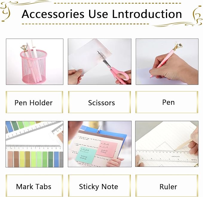 Office Supplies,Desk Accessories, Stapler and Tape Dispenser Set for Women with Stapler, Tape Dispenser, Staple Remover, Staples, Clips, Scissor and Tabs,Gift for Students, Coworkers