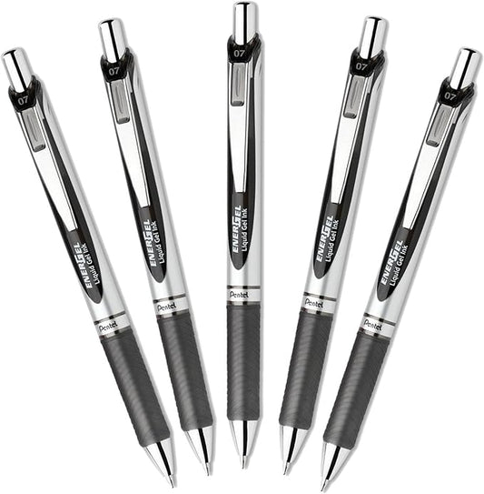 Pentel EnerGel Deluxe RTX Retractable 0.7mm Medium Line Metal Tip Liquid Gel Pen , Black Ink, 1 Set, 5 pens per set