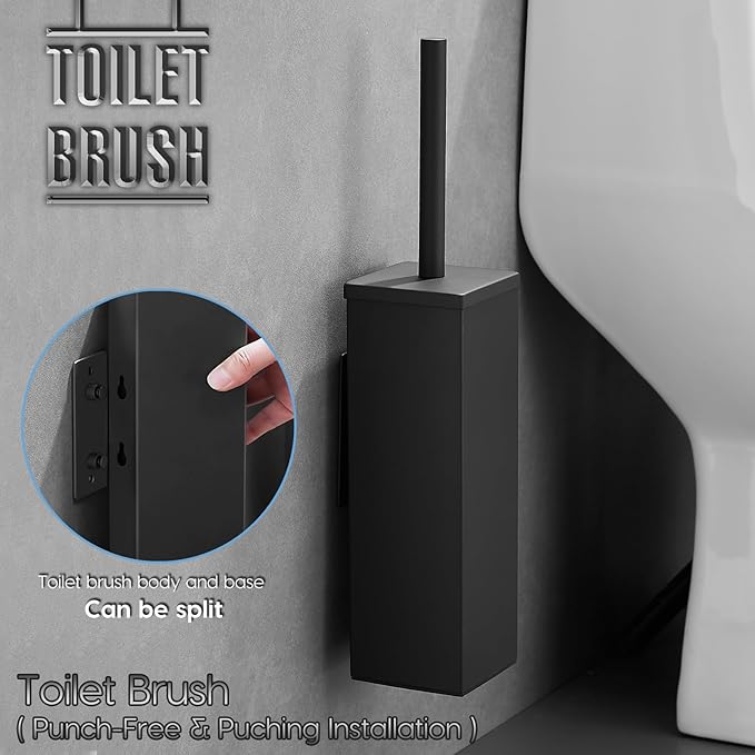JOVYXIE Black Stainless Steel Square Toilet Brush with Metal Lid Dual-Use Toilet Brush Holder with Drilled + Drill-Free Hook Base Includes Removable Inner Bucket (Black)