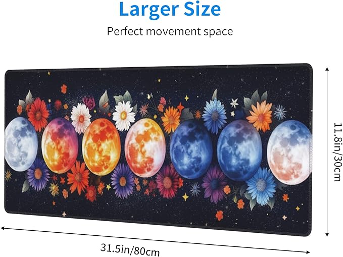 Colorful Moon Phases Large Mouse Pad, Watercolor Flowers Gaming Desk Mat, XL Keyboard Desk Pad Mat for Desktop, 31.5"x11.8" Non-Slip Base Big Mousepad with Stitched Edges