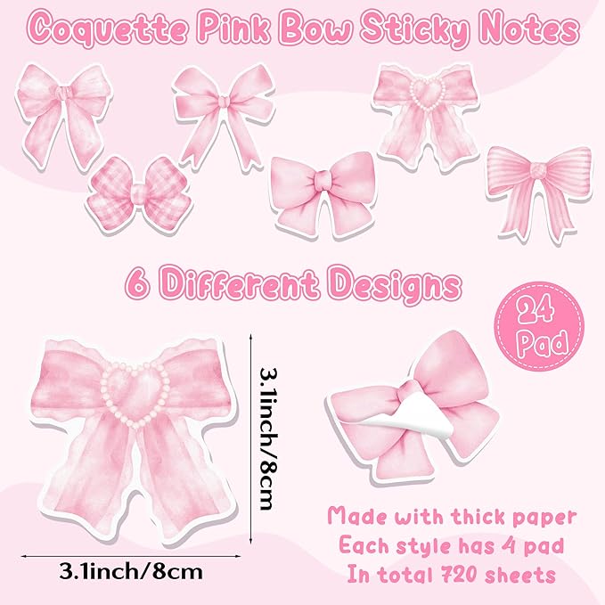 Bright Colors Sticky Notes - 72pcs Coquette Pink Bow Super Sticky Notes Pens Ribbons Set Strong Adhesive Self-Stick Sticking Power Memo Note Pads Page Markers Office Products School Supplies
