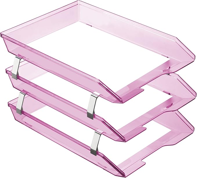 Acrimet Facility 3 Tier Letter Tray, Front Load, Letter Size/A4, Desktop File Organizer, Plastic (Clear Pink Color)