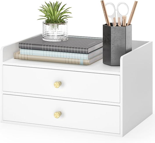 Bamboo Desk Organizer with Drawers Wooden Desktop Storage Drawers for Bills Office Supplies Kitchen Utensils Organizing Tool for Home Classroom Organization No Assembly (2 Drawers, White)