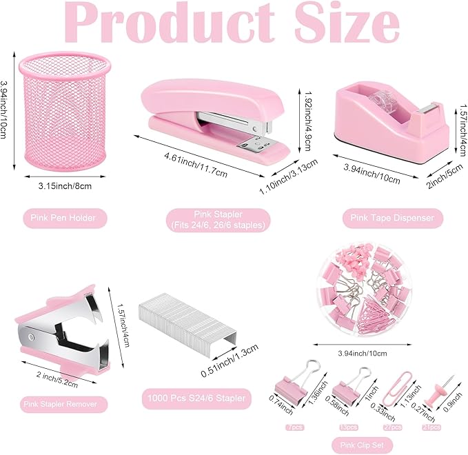 13 in 1 Pink Office Supplies, Pink Desk Accessories for Women with Stapler,Tape Dispenser,1000 Staples,Pen Holder,Staple Remover,Clips,Ruler,Scissors, Tabs,Tape,Ballpoint Pen