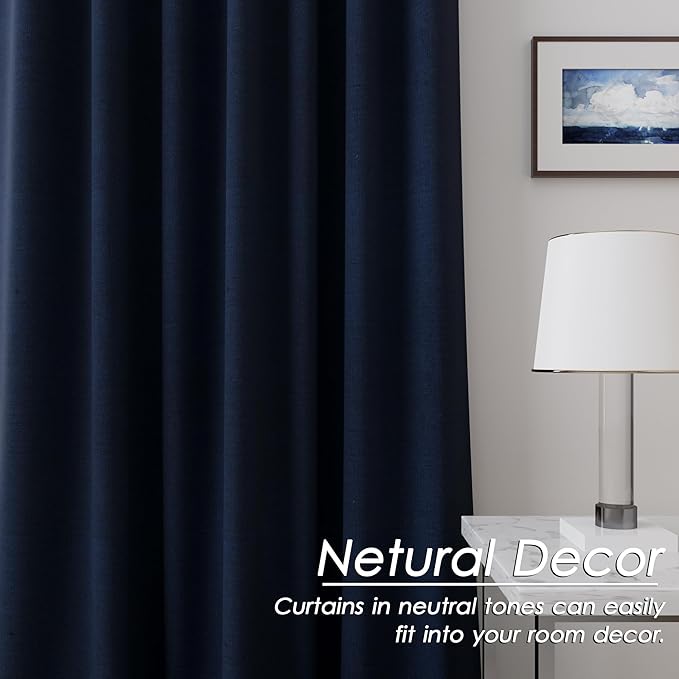 100% Blackout Linen Curtains 94 Inch Length 2 Panels for Living Room Loop Pocket Pinch Pleated Black Out Drapes Navy Blue Heat Reducing Total Blackout Window Curtain for Boy Man Bedroom