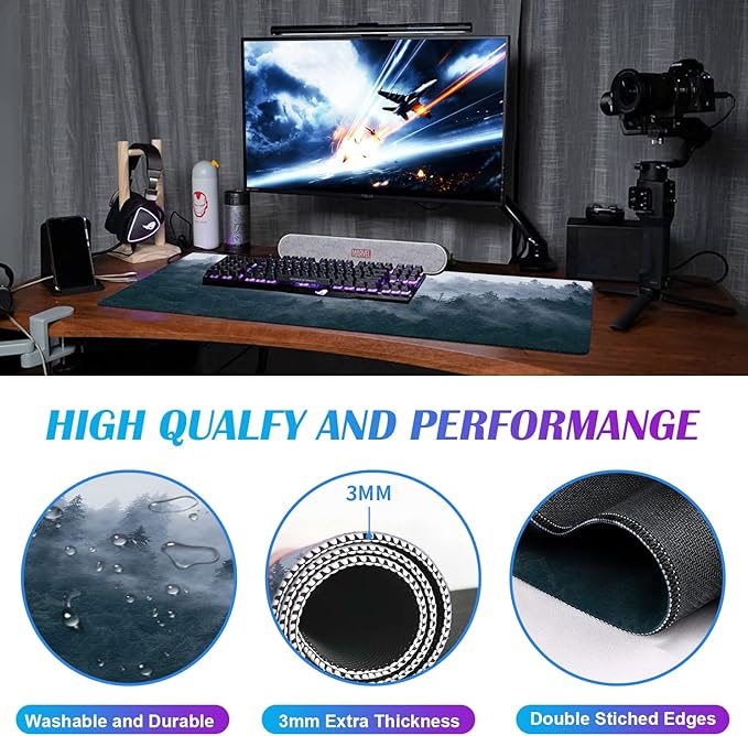 Large Extended Gaming Mouse Pad with Stitched Edges, Non-Slip Waterproof Rubber Base Mouse Pad for Office, Computer, Keyboard, Laptop and Home Desk Pad 35.4 x 15.7 x 0.12 Inch (Grey Forest)