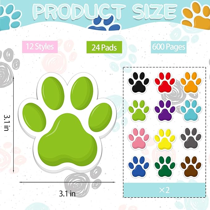 600Pcs Paw Print Note Pads, Colorful Paw Shaped Sticky Notes Kawaii Fun Animal Sticky Notes Pads Dog Party Pocket Notepads Cartoon Memo Pads for Dog Lovers School Home Office Supplies
