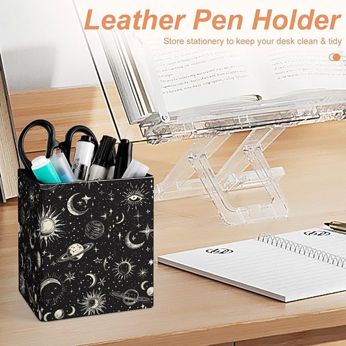 Square Pen Holder & Pencil Organizer for Desk - Office Storage Organizer, Markers/Makeup Brushes/Scissors Holder, Compact Desk Decor Accessories for Home Classroom School(Stars Moon Sun)