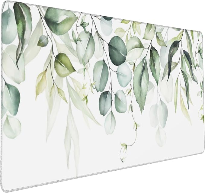 Large Gaming Mouse Pad for Desk, Watercolor Green Leaves and Branches Desk Mat for Desktop, Non-Slip Rubber Base Stitched Edges Long Computer Keyboard Mouse Mat Desk Pad for Home Office 35.4"X15.7"