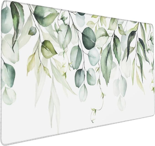 Large Gaming Mouse Pad for Desk, Watercolor Green Leaves and Branches Desk Mat for Desktop, Non-Slip Rubber Base Stitched Edges Long Computer Keyboard Mouse Mat Desk Pad for Home Office 35.4"X15.7"