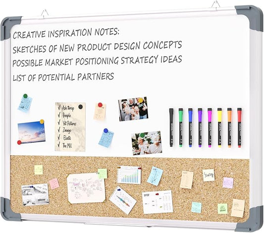 White Board Cork Board Combo, 24×18 inch for Office, Home, School, Vision Board, Pin Bulletin, Markers, Eraser, Magnets, Pins (Horizontal)