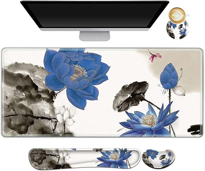 ARTSO Extended Gaming Mouse Pad Set, Keyboard Wrist Rest Support Pad + Wrist Cushion + XXL Large Mouse Pad + Coaster, Stitched Edge, Non-Slip, Memory Foam Desk Mat, Blue Lotus Ink Painting