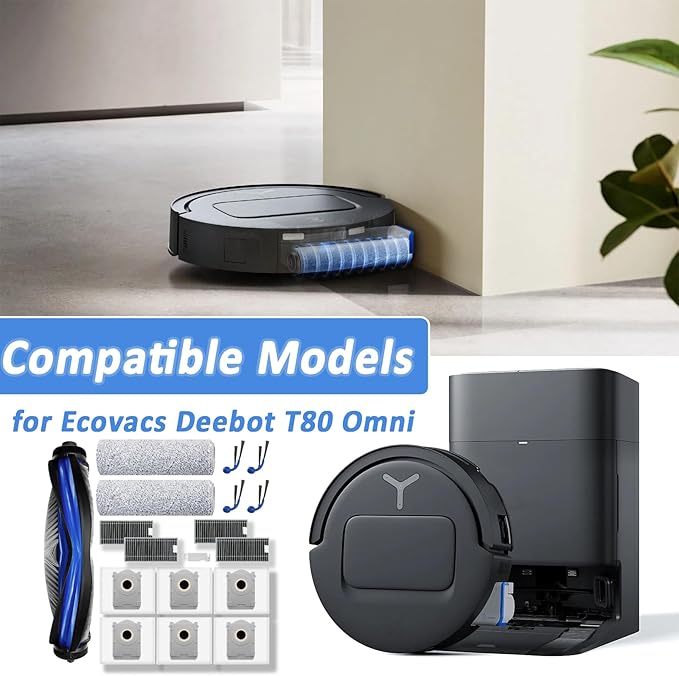 Cleptorize Replacement Parts for ECOVACS DEEBOT T80 Omni Robot Vacuum, Accessories Kit 1 Zero Tangle Main Brush, 2 Roller Mop, 6 Dust Bags, 4 Side Brush, 4 HEPA Filter, 1 Cleaning Brush