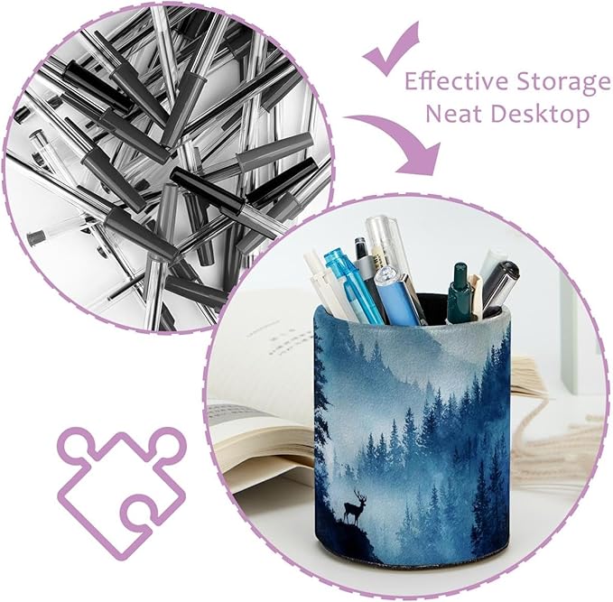 1 Pack Watercolor Mountain Deer Circular Pen & Pencil Holder - Durable PU Leather Pencil Cup, Desk Accessories Organizer for Office Desk School Home