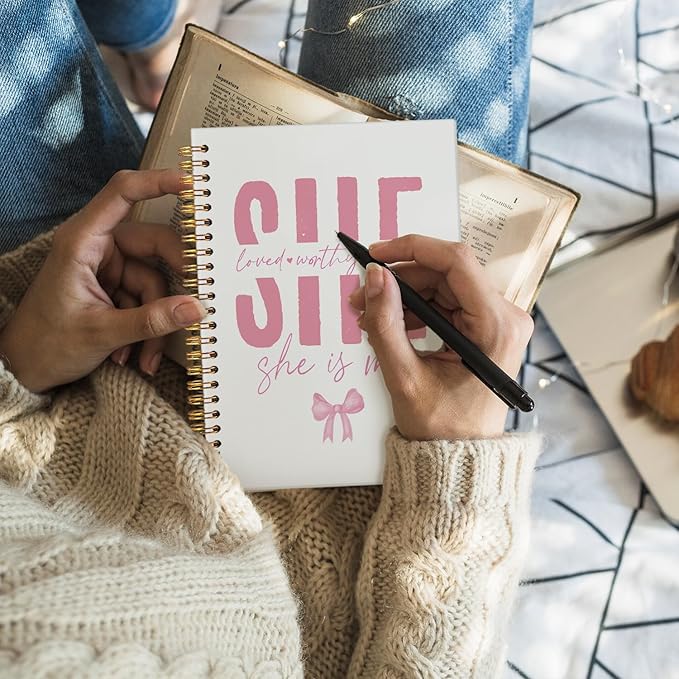 Coquette Pink Bow Christian Spiral Notebook, Bible Journaling Notebook, Religious Prayer Journal for Woman, Church Notes Journal, She Loved Worthy Enough Hardcover Notebooks 5.5x8.3