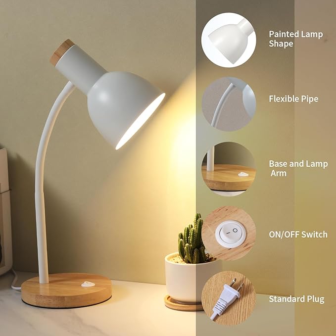 Table Lamp,Wooden Adjustable Desk Lamp,Dorm Lamp&Bedside Lamp for Living Room, Bedroom, Kids Room (White)