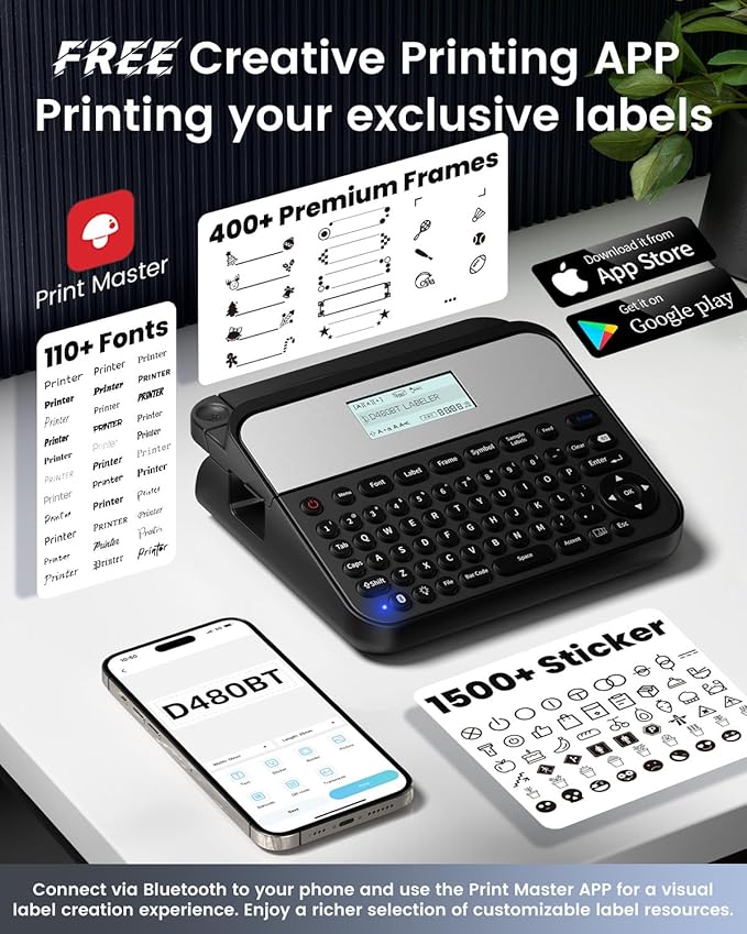 18mm Label Maker Machine with-Tape, Bluetooth Rechargeable Labeler with Keyboard, Backlit Screen, Connect PC & Phone, Create Via BZ Label Up to~18mm 3/4 inch, Idea for Home Office, D480BT